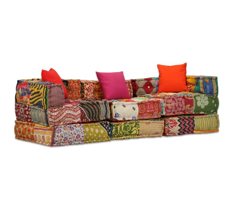 Coussins Canapé De Sol Poufs Modulaire Chaise Longue En Tissu 3 Places En Tissu Patchwork Dec02122