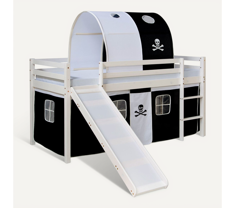 Lit Mezzanine Pour Enfant Avec Sommier Toboggan Tunnel Rideau Modèle Noir Pirate 90x200 Cm Lit0619