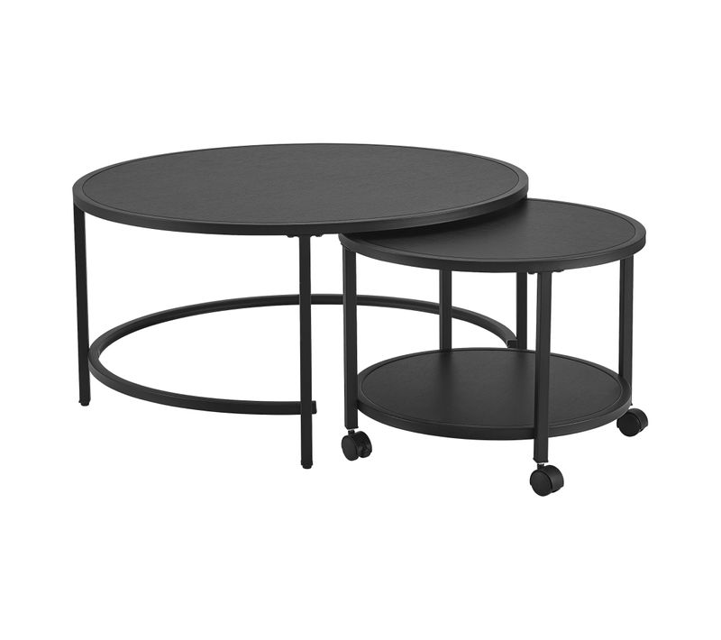 Lot De 2 Tables Basses Rondes Gigognes à Roulettes Et Espace De Rangement Noir 03_000