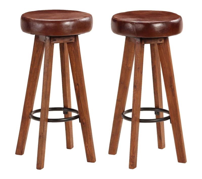 Lot De Deux Tabourets De Bar Design Chaise Siège Bois D'acacia Cuir Véritable 1202112