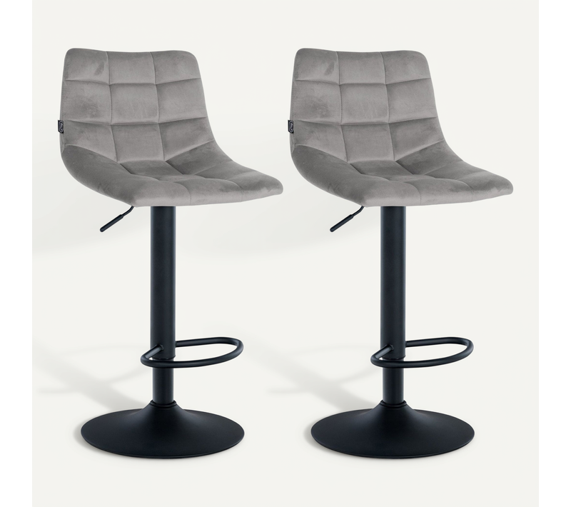 Lot De 2 Tabourets De Bar En Velours Gris Base Métal Noir Réglable En Hauteur Et Repose-pieds Tdb1