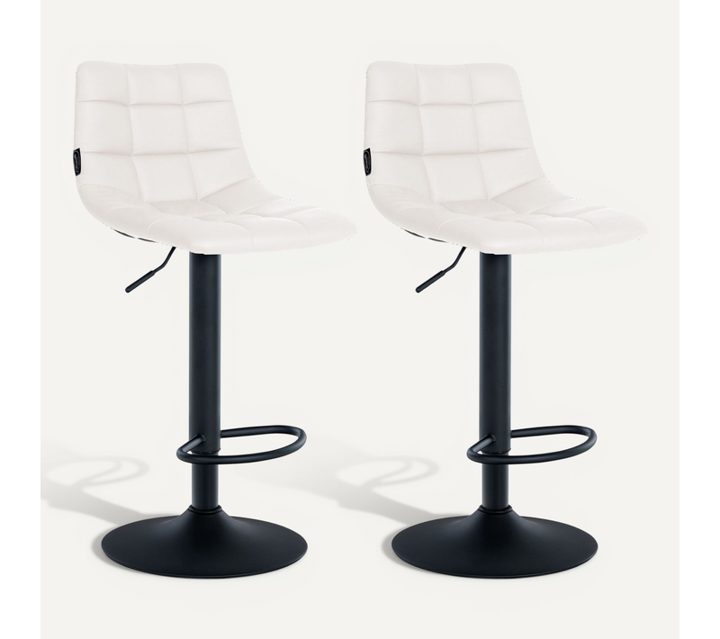 Lot De 2 Tabourets De Bar En Synthétique Blanc Base Métal Noir Mat Réglable En Hauteur