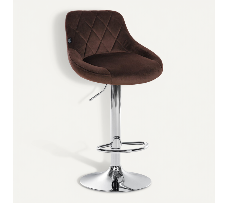 Tabouret De Bar En Velours Marron Coutures Décoratives Pivotant Support Métal Chromé Tdb10674