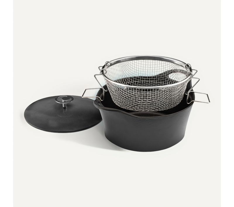 Volcan - Cocotte Ronde Noire 24 Cm Avec Panier Cuisson Pour Friture Et Cuisson à L'eau