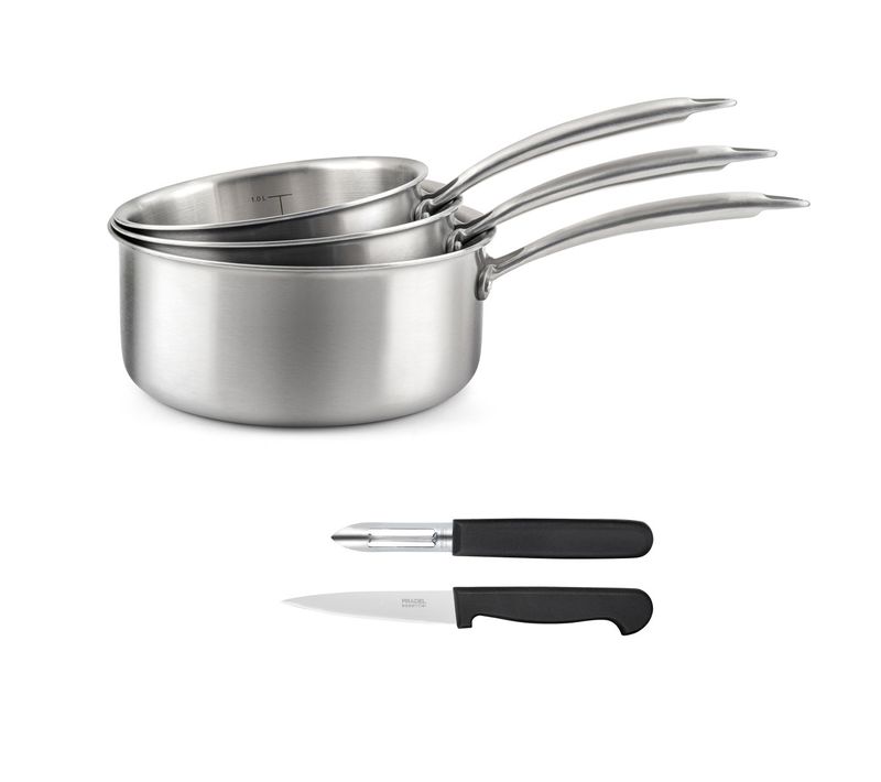 Gourmet - Set 3 Casseroles 16/18/20cm Inox, 1 Éplucheur Et 1 Couteau Office