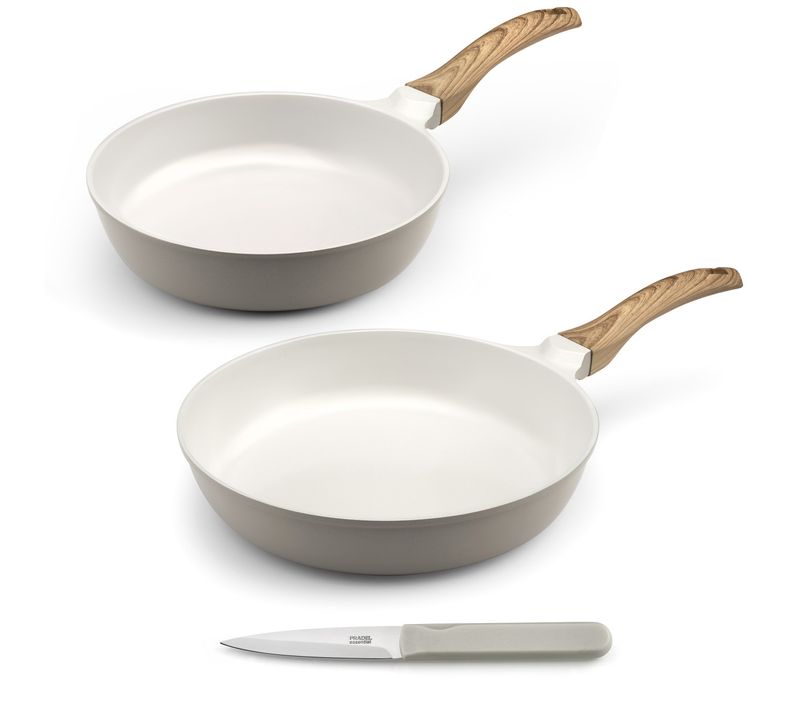 Mythic - Set 2 Poêles 24/28cm Revêtement Céramique Blanche, 1 Couteaux D'office