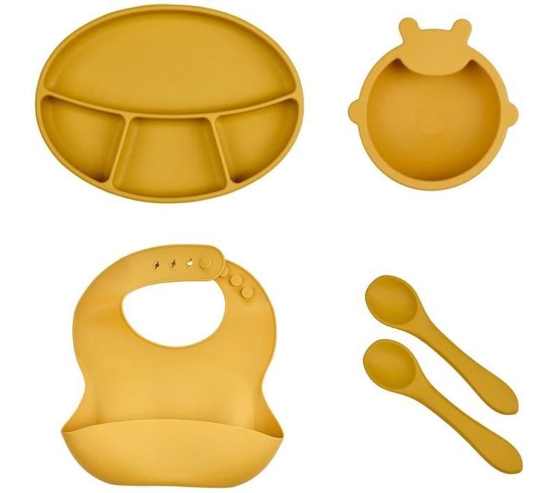 Pack Repas - Silicone - Jaune Miel - Assiette, Bol, Bavoir Et Cuilleres