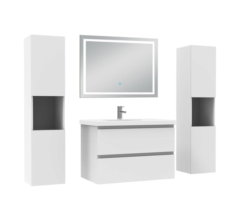 Ensemble Meuble De Salle De Bains 80cm, Vasque + Colonne + LED Miroir Mural,blanc