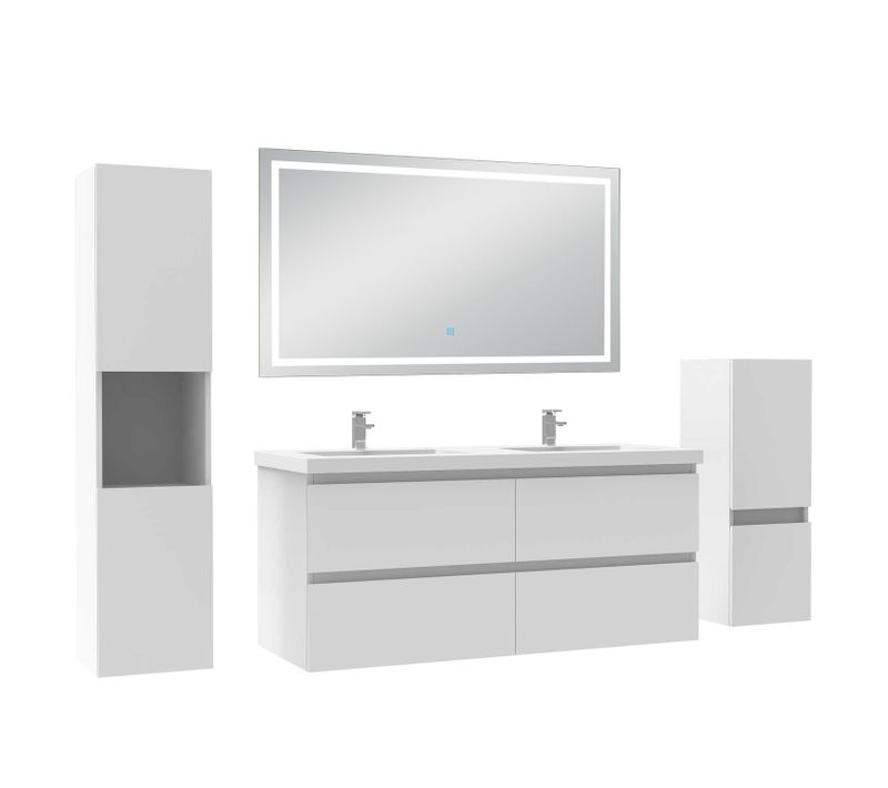 Ensemble Meuble De Salle De Bain 120cm, Vasque + Colonne + LED Miroir,blanc