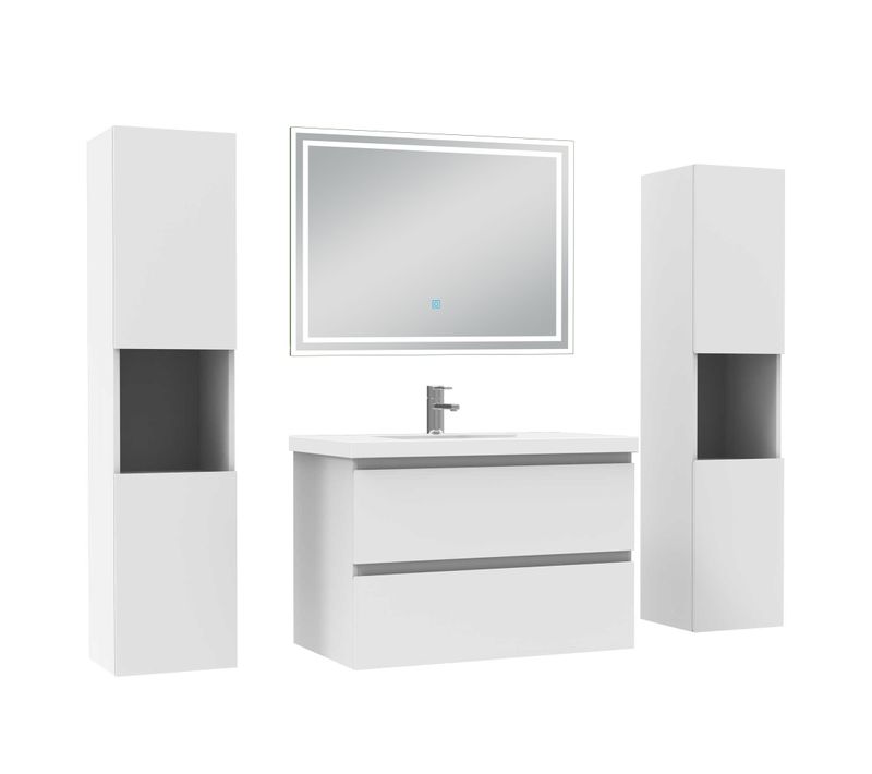 Ensemble Meuble De Salle De Bains 80cm, Simple Vasque + Colonne + LED Miroir Mural,blanc