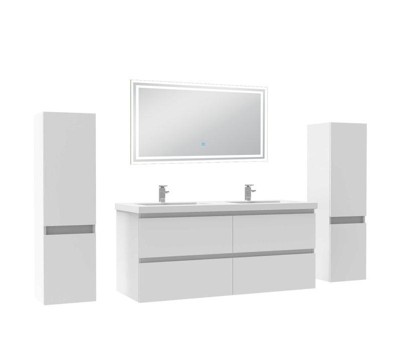 Ensemble Meuble De Salle De Bains 120cm, Double Vasque + Colonne + LED Miroir,blanc
