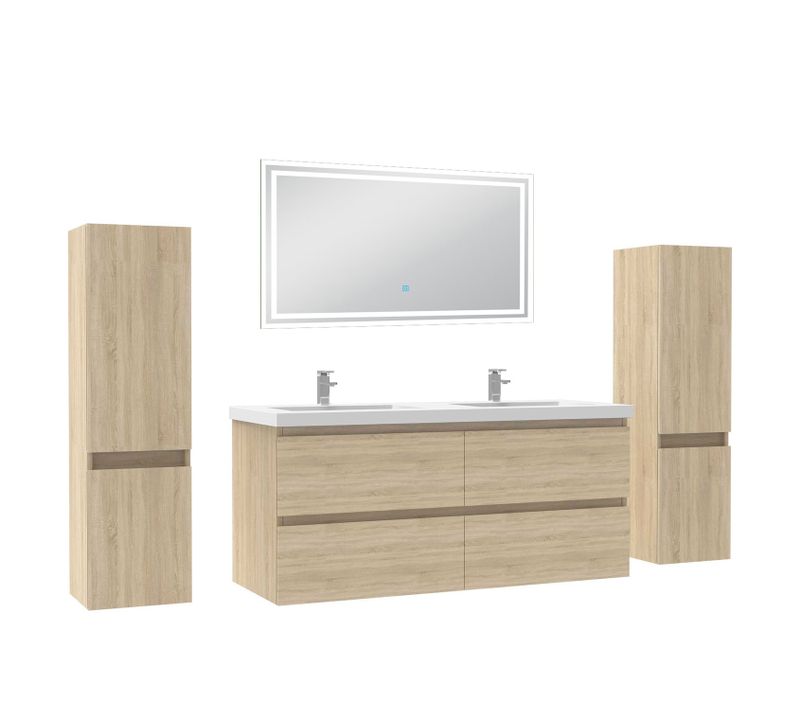 Ensemble Meuble De Salle De Bains 120cm, Double Vasque + Colonne + LED Miroir,chêne