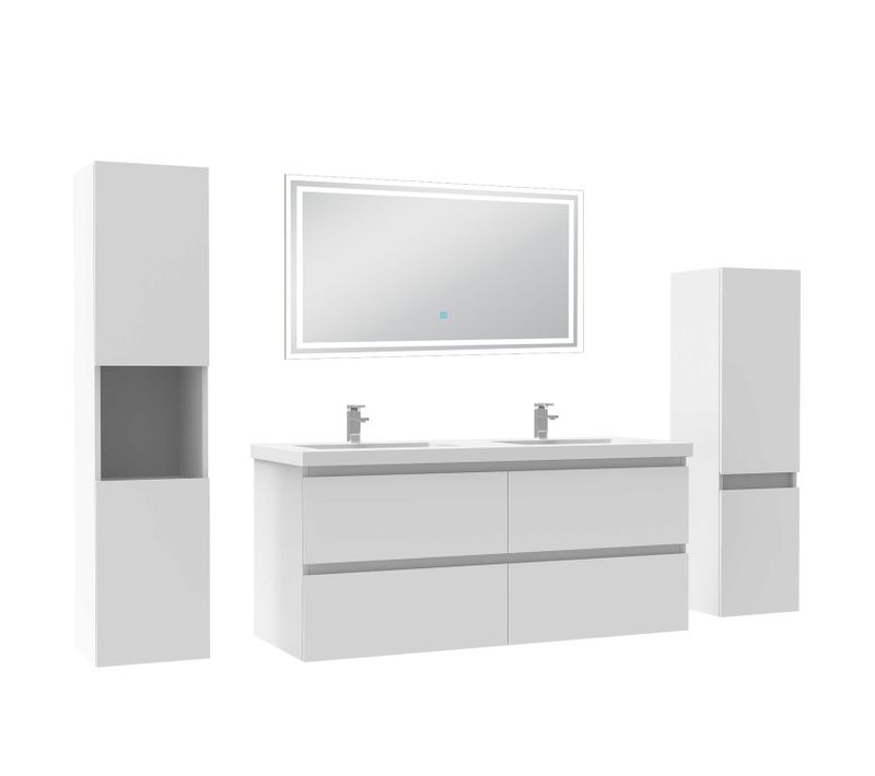 Ensemble Meuble De Salle De Bains 120cm, Double Vasque Et Colonne Et LED Miroir,blanc