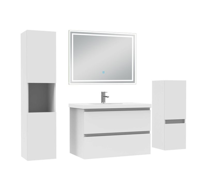 Ensemble Meuble De Salle De Bain 80cm, Simple Vasque + Colonne + LED Miroir,blanc