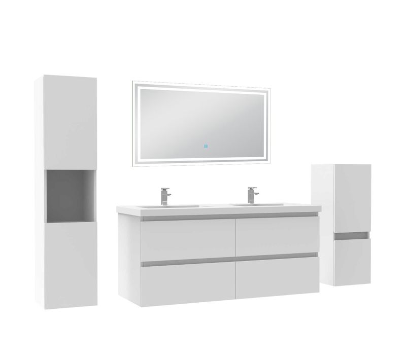 Ensemble Meuble De Salle De Bain 120cm, Double Vasque + Colonne + LED Miroir,blanc