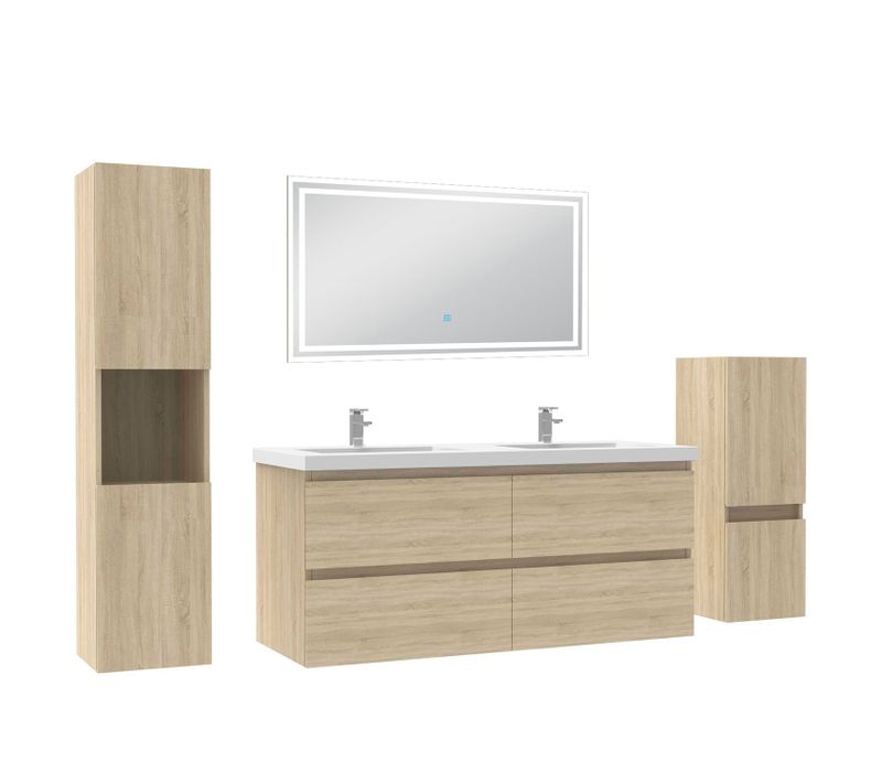 Ensemble Meuble De Salle De Bain 120cm, Double Vasque + Colonne + LED Miroir,chêne
