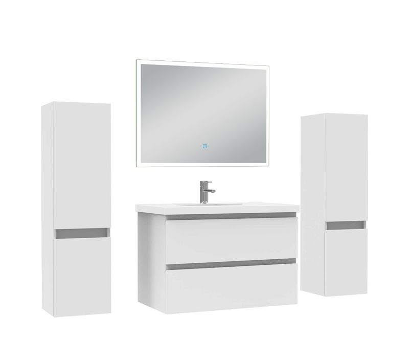Ensemble Meuble De Salle De Bains 80cm, Simple Vasque + Colonne + Miroir Rectangulaire,blanc