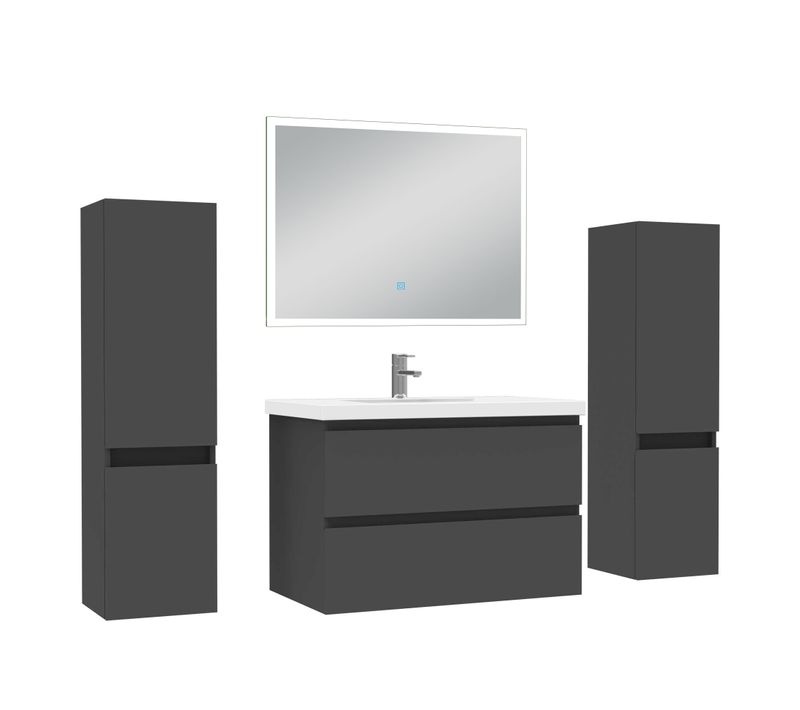 Ensemble Meuble De Salle De Bains 80cm, Simple Vasque + Colonne + Miroir Rectangulaire,anthracite