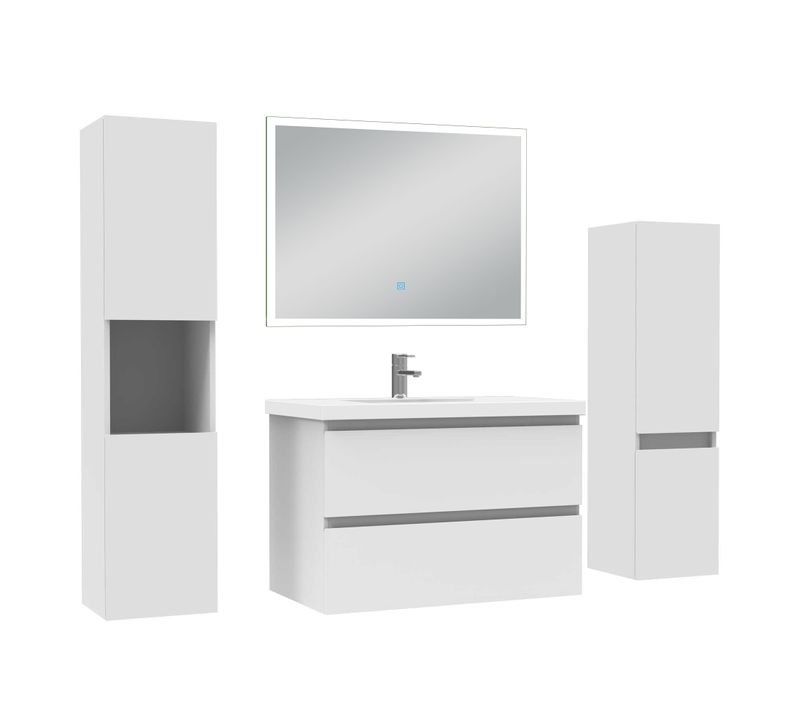 Ensemble Meuble De Salle De Bains 80cm, Simple Vasque Et Colonne Et LED Miroir Rectangulaire,blanc