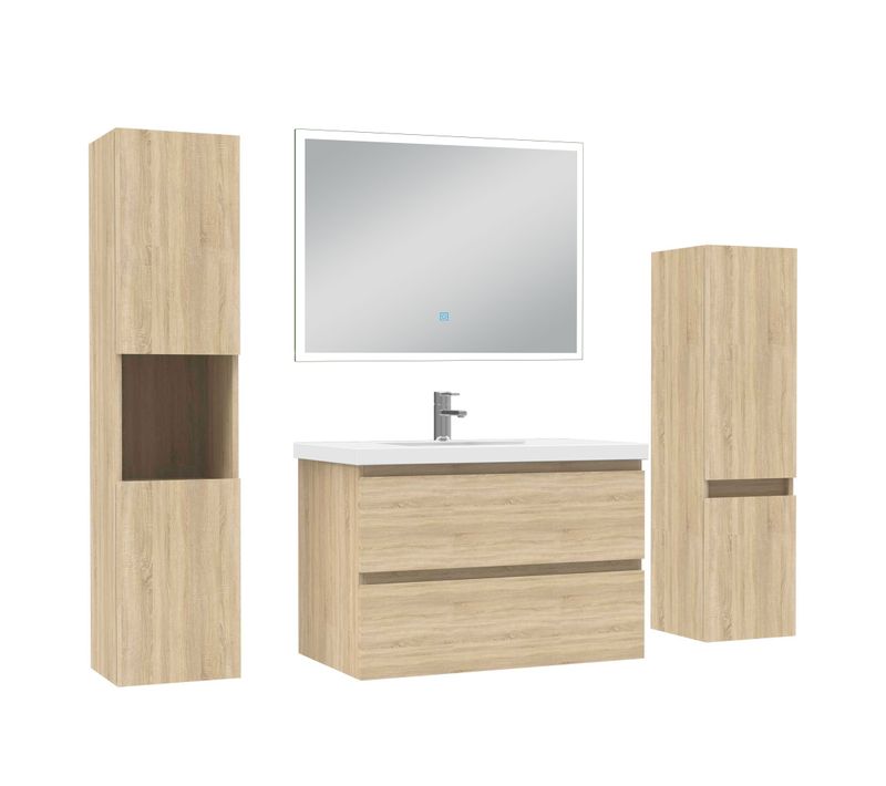 Ensemble Meuble De Salle De Bains 80cm, Simple Vasque Et Colonne Et LED Miroir Rectangulaire,chêne