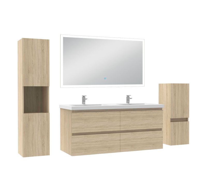 Ensemble Meuble De Salle De Bain 120cm, Double Vasque + Colonne + LED Miroir Rectangulaire,chêne