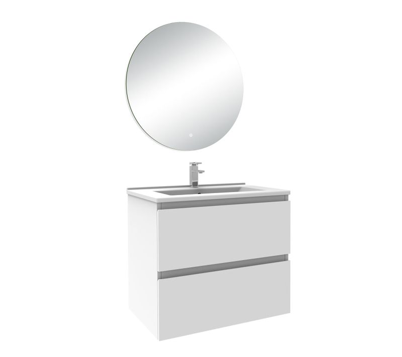 Meuble De Salle De Bain à 2 Tiroirs Avec Lavabo Et Miroir Rond Multifonctionnel LED - Blanc L.60cm