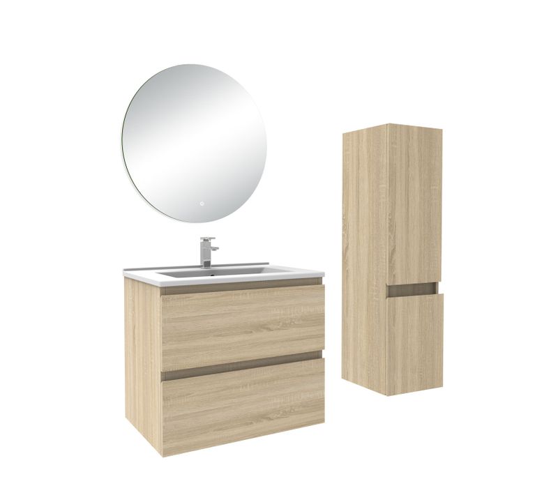 Ensemble Meuble De Salle De Bain Chêne ( L.60 Cm) 2 Tiroirs +meuble Haut +lavabo +miroir Rond LED