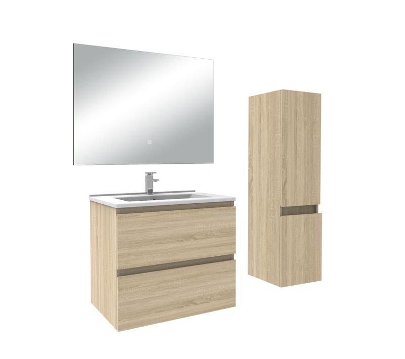 Ensemble Meuble De Salle De Bain Chêne ( L.60 Cm) 2 Tiroirs + Meuble Haut + Lavabo + Miroir LED