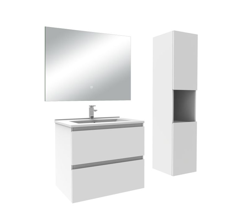 Ensemble Meuble Blanc Et Vasque L.60cm 2 Tiroirs + Colonne*1 Haut + Lavabo + Miroir 80x60cm-suspendu