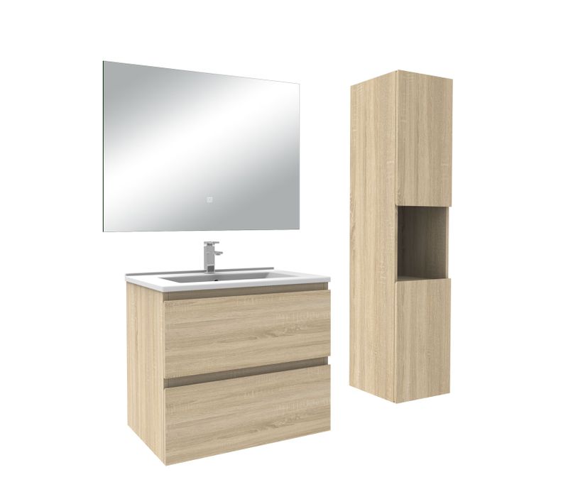 Ensemble Meuble Chêne Et Vasque L.60cm 2 Tiroirs + Colonne*1 Haut + Lavabo + Miroir 80x60cm-suspendu