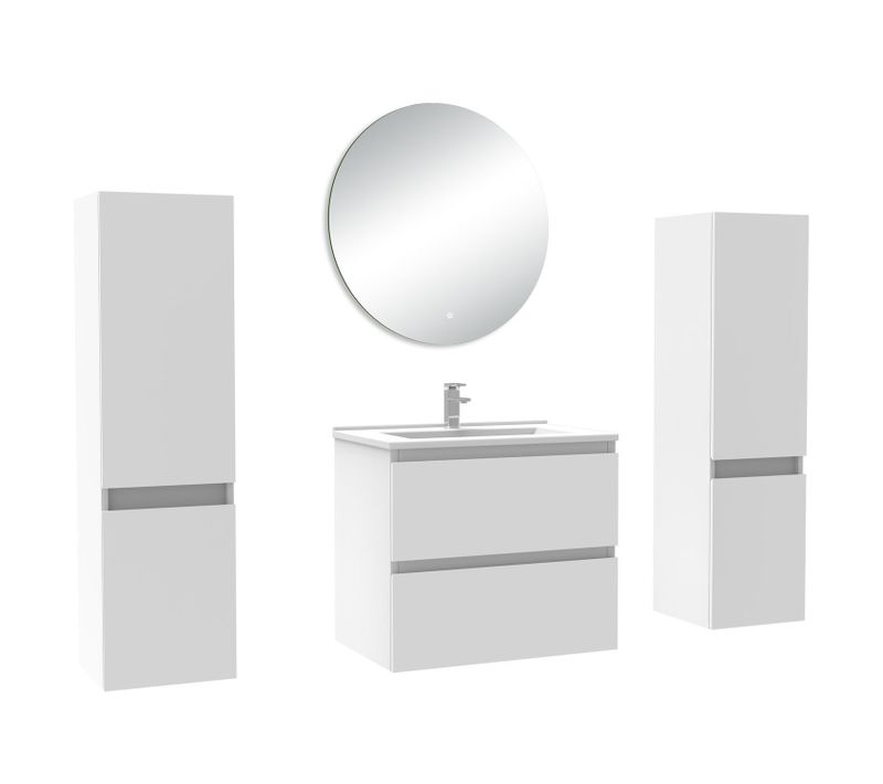 Ensemble Meuble De Salle De Bain Blanc ( L.60 Cm) 2 Tiroirs +meuble Haut*2 +lavabo +miroir Rond LED
