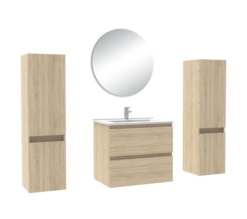 Ensemble Meuble De Salle De Bain Chêne ( L.60 Cm) 2 Tiroirs +meuble Haut*2 +lavabo +miroir Rond LED