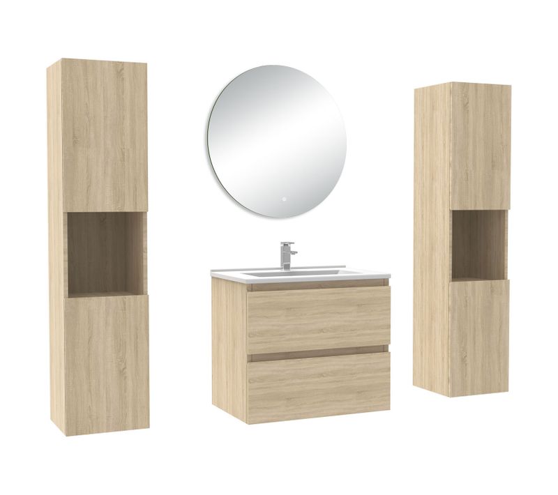 Ensemble Meuble Chêne Et Vasque L.60cm 2 Tiroirs + Colonne*2 Haut + Lavabo + Miroir 60x60cm-suspendu