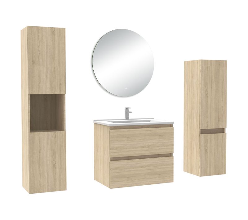 Ensemble Meuble Chêne Et Lavabo L.60cm 2 Tiroirs + Colonne*2 Haut + Lavabo + Miroir 60x60cm-suspendu