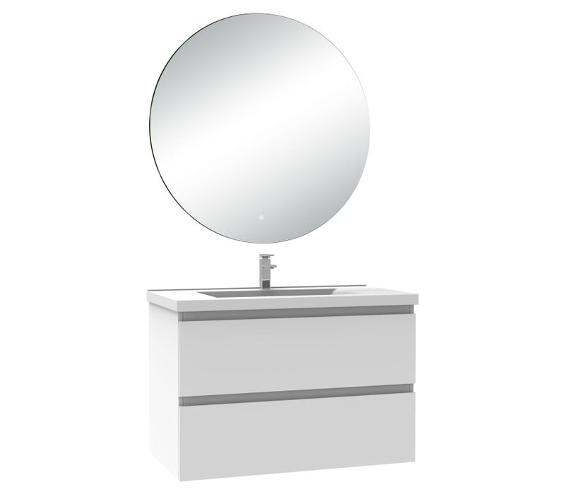 Meuble De Salle De Bain à 2 Tiroirs  Et Miroir Rond Multifonctionnel LED - Blanc L.80cm Suspendu