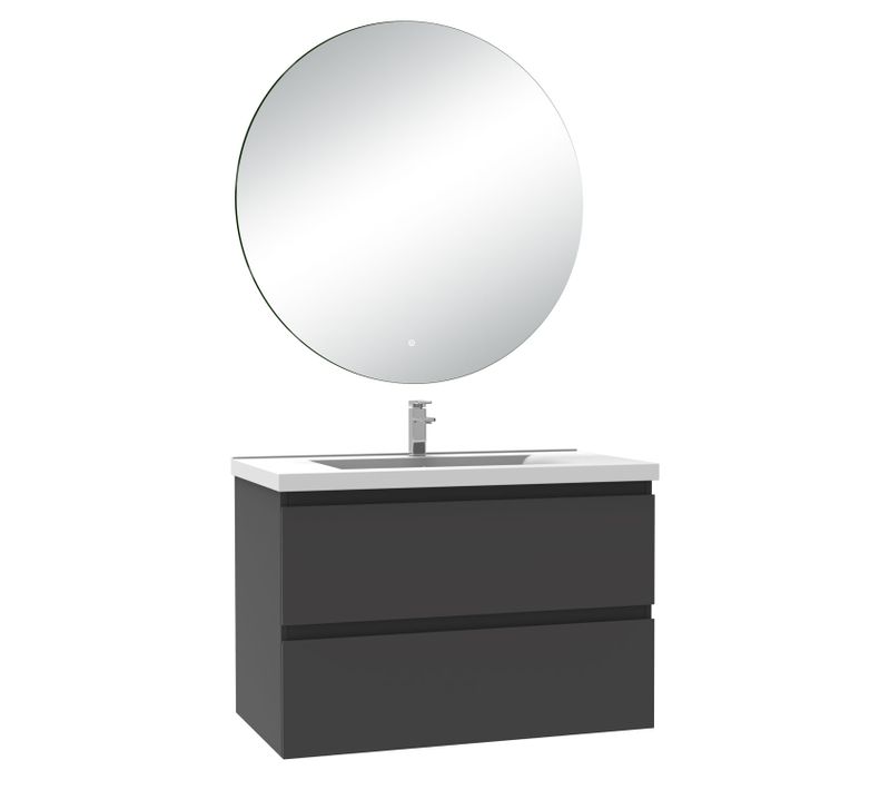 Meuble De Salle De Bain à 2 Tiroirs  Et Miroir Rond Multifonctionnel LED - Anthracite L.80cm