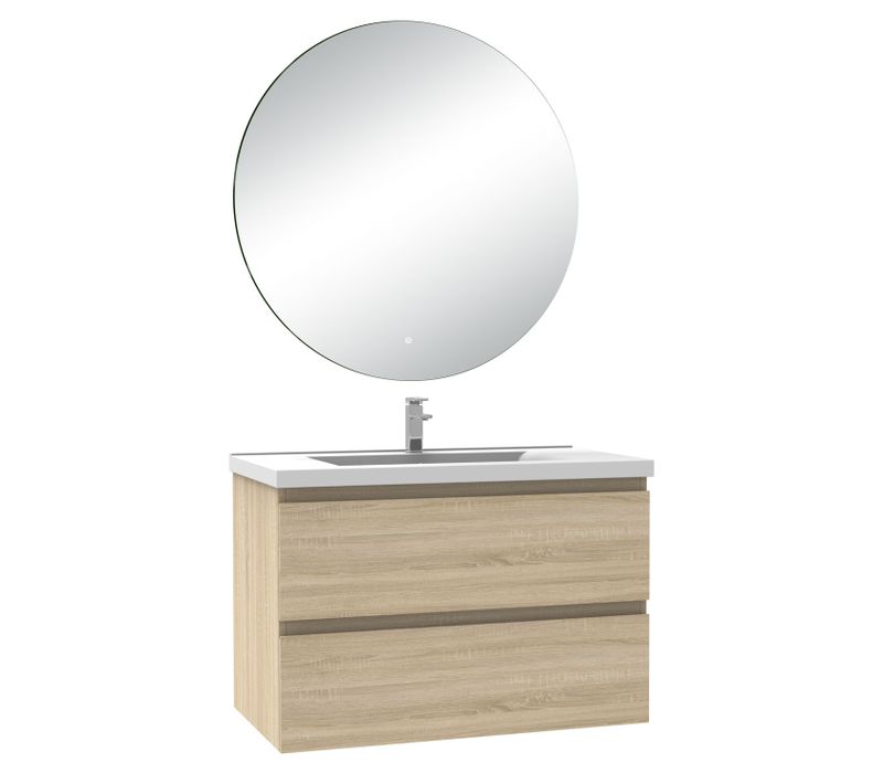 Meuble De Salle De Bain à 2 Tiroirs  Et Miroir Rond Multifonctionnel LED - Chêne L.80cm Suspendu