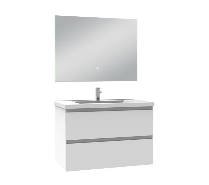 Meuble De Salle De Bain à Deux Tiroirs Avec Lavabo Et Miroir LED Antibuée - Blanc L.80cm Suspendu