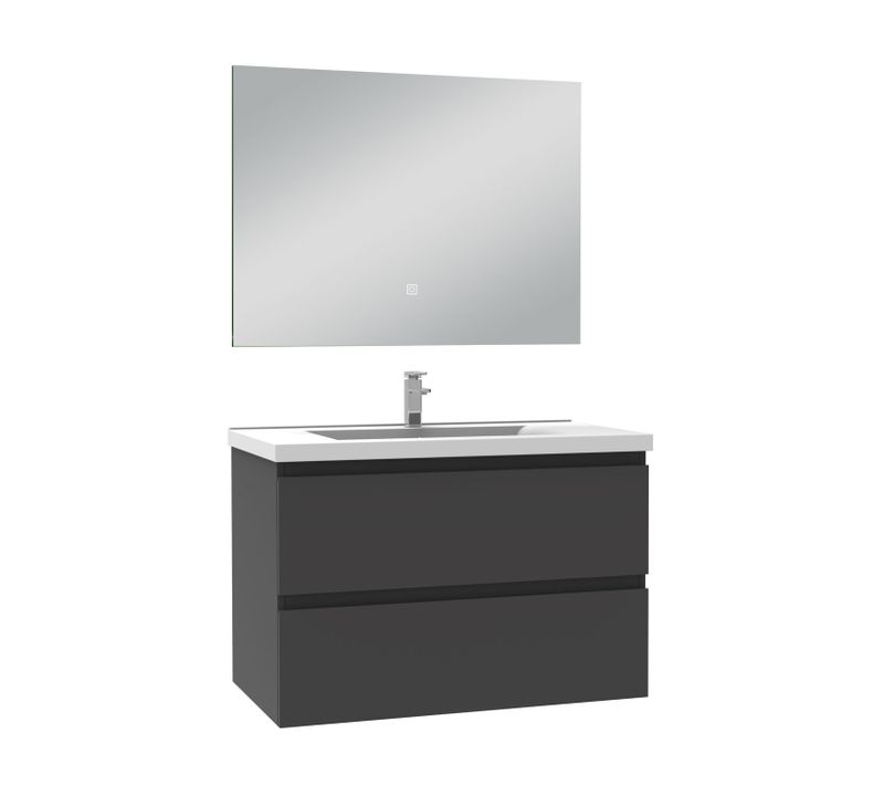 Meuble De Salle De Bain à Deux Tiroirs  Et Miroir LED Antibuée - Anthracite L.80cm Suspendu