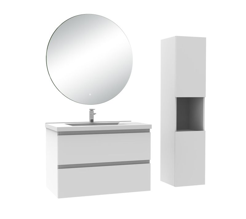 Ensemble Meuble Blanc Et Vasque L.80cm 2 Tiroirs + Colonne*1 Haut + Lavabo + Miroir 60x60cm-suspendu