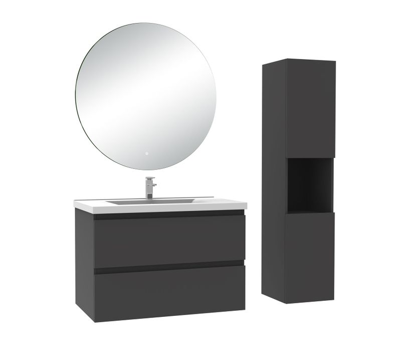 Ensemble Meuble Anthracite  L.80cm 2 Tiroirs + Colonne*1 Haut + Lavabo + Miroir 60x60cm-suspendu