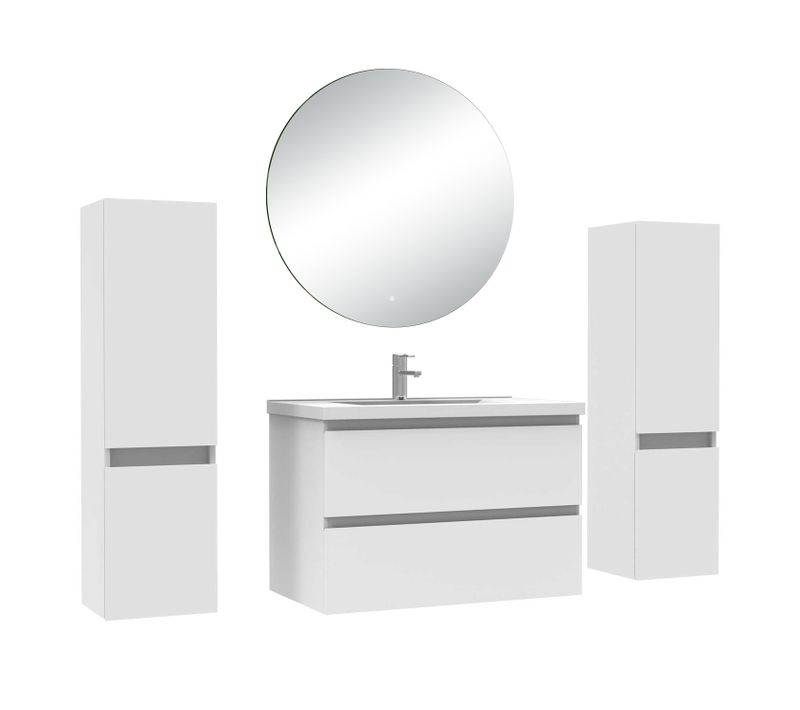 Ensemble Meuble De Salle De Bain  Blanc (l.80cm) 2 Tiroirs +meuble Haut*2 +lavabo +miroir Rond LED