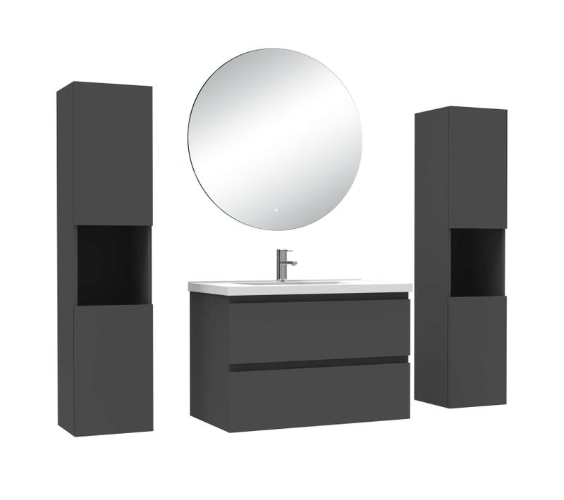 Ensemble Meuble Anthracite  L.80cm 2 Tiroirs + Colonne*2 Haut + Lavabo + Miroir 60x60cm-suspendu