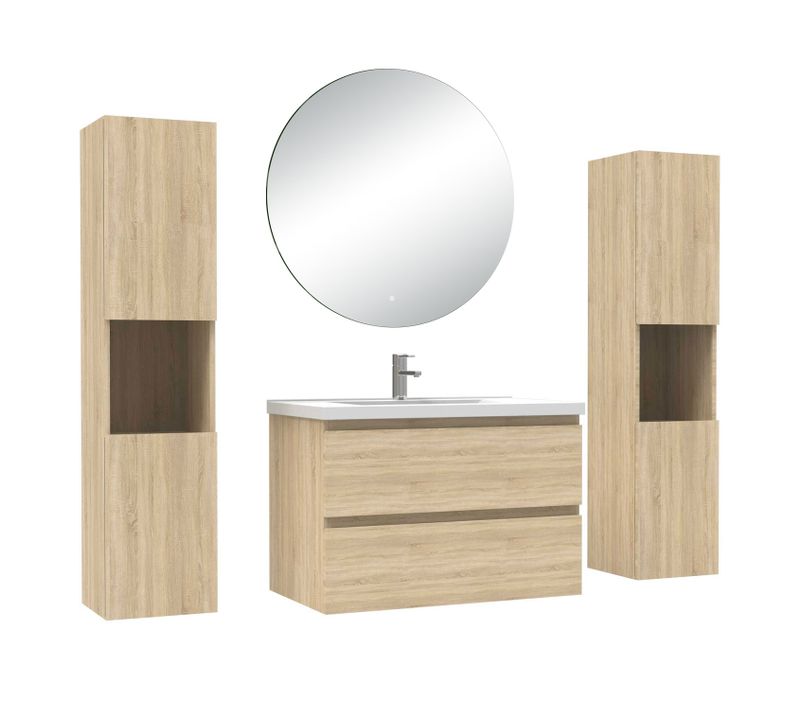 Ensemble Meuble Chêne Et Vasque L.80cm 2 Tiroirs + Colonne*2 Haut + Lavabo + Miroir 60x60cm-suspendu