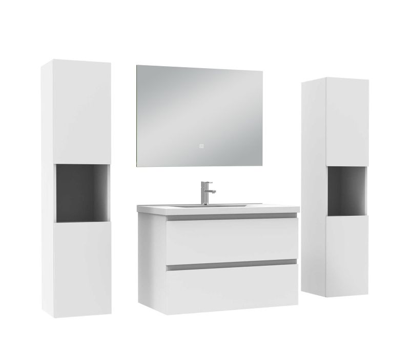 Ensemble Meuble Blanc Et Vasque L.80cm 2 Tiroirs + Colonne*2 Haut + Lavabo + Miroir 80x60cm-suspendu