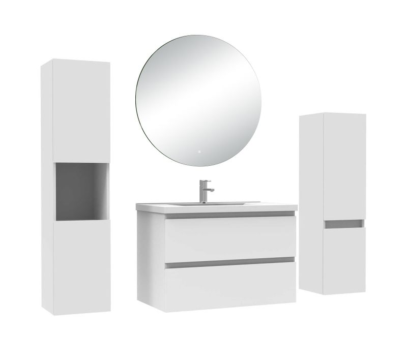 Ensemble Meuble Blanc Et Lavabo L.80cm 2 Tiroirs + Colonne*2 Haut + Lavabo + Miroir 60x60cm-suspendu