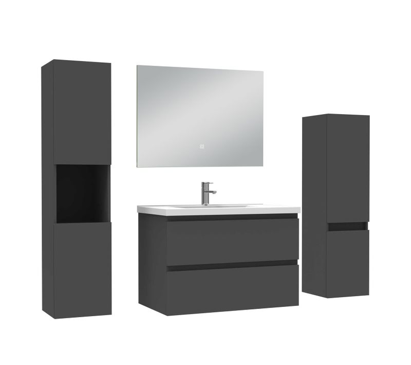 Ensemble Meuble Anthracite  L.80cm 2 Tiroirs + Colonne*2 Haut + Lavabo + Miroir 80x60cm-suspendu
