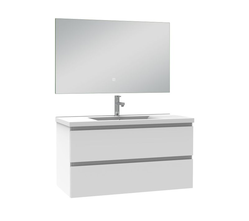 Meuble De Salle De Bain à Deux Tiroirs Avec Lavabo Et Miroir LED Antibuée - Blanc L.100cm Suspendu
