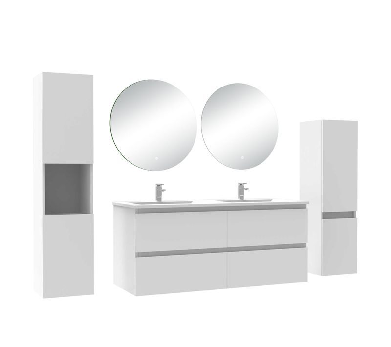 Ensemble Meuble De Salle De Bain 120cm, Colonne 131.5cm+colonne 110cm+2 Miroir LED, Chêne