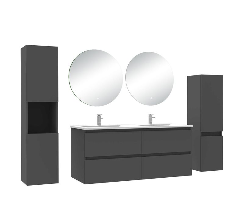 Ensemble Meuble Anthracite  L.120cm 4 Tiroirs + Colonne*2 Haut + Lavabo + Miroir 60x60cm*2-suspendu